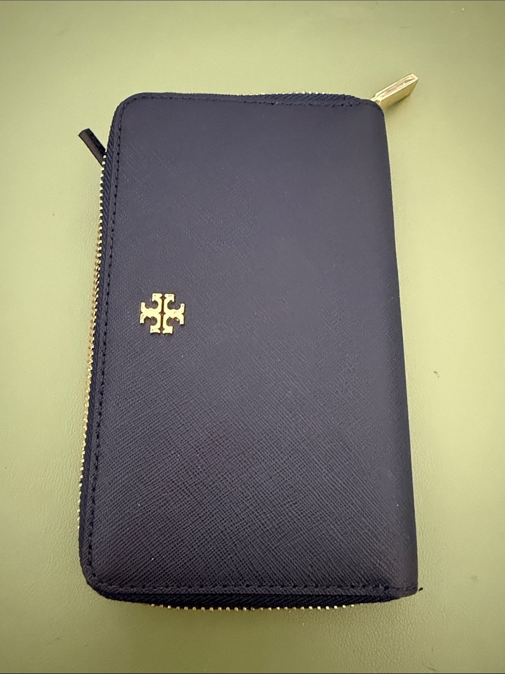 Tory Burch Navy Saffiano Zip-Around Wallet with Gold Logo